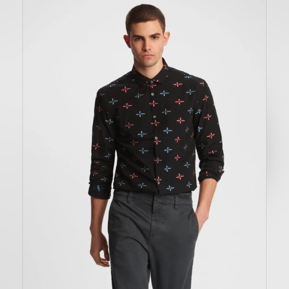 John Varvatos Clayton Star Long Sleeve Button Down Size Medium in Black Ikat Dye